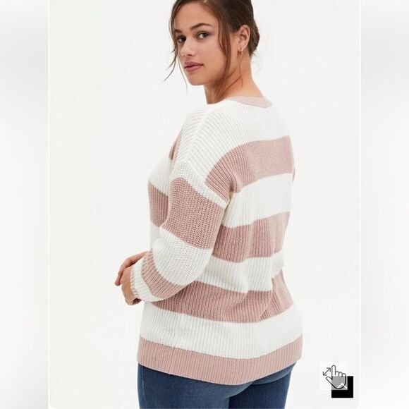 Torrid pullover drop shoulder striped pink & white cotton blend sweater sz L - Picture 4 of 13
